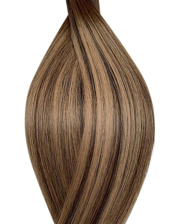 Naturalne włosy do przedłużania metoda secret tape on w kolorze ombre ciemny brąz i balejaż ciemny brąz i ciemny blond.
