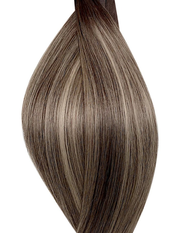 Naturalne włosy do przedłużania metoda secret tape on w kolorze ombre ciemny brąz i balejaż ciemny brąz i szary platynowy blond.