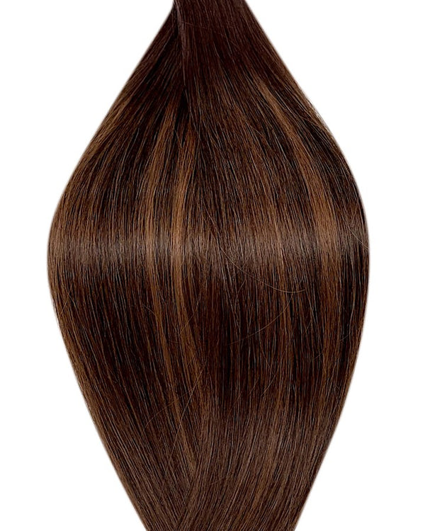 Naturalne włosy do przedłużania metoda secret tape on w kolorze ombre ciemny brąz i balejaż ciemny i jasny kasztanowy brąz.
