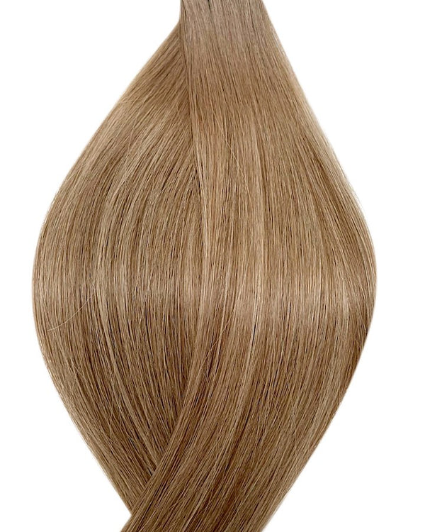 Naturalne włosy do przedłużania metoda secret tape on w kolorze ombre jasny brąz i balejaż jasny brąz i średni popielaty blond.