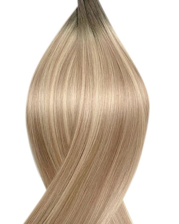 Naturalne włosy do przedłużania metoda secret tape on w kolorze ombre jasny popielaty brąz i balejaż ciemny popielaty i jasny popielaty blond.