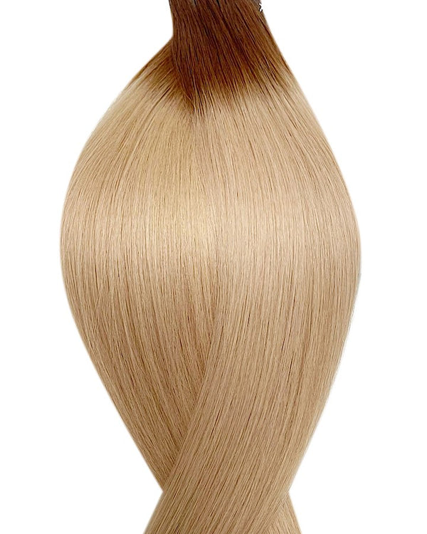 Naturalne włosy do przedłużania metoda secret tape on w kolorze ombre średni brąz i jasny popielaty blond.