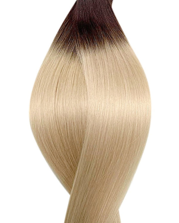 Naturalne włosy do przedłużania metoda na keratynę w kolorze ombre ciemny brąz i szary platynowy blond.