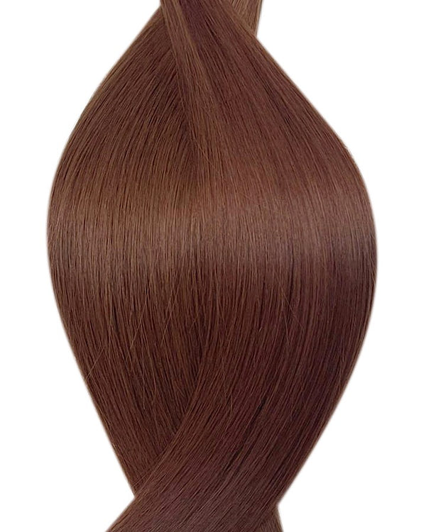 Naturalne włosy do przedłużania metoda na mikro ringi i tulejki w kolorze ciemny kasztan.