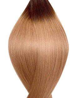 Naturalne włosy do przedłużania metoda na nano ringi w kolorze ombre ciemny brąz i ciemny blond.