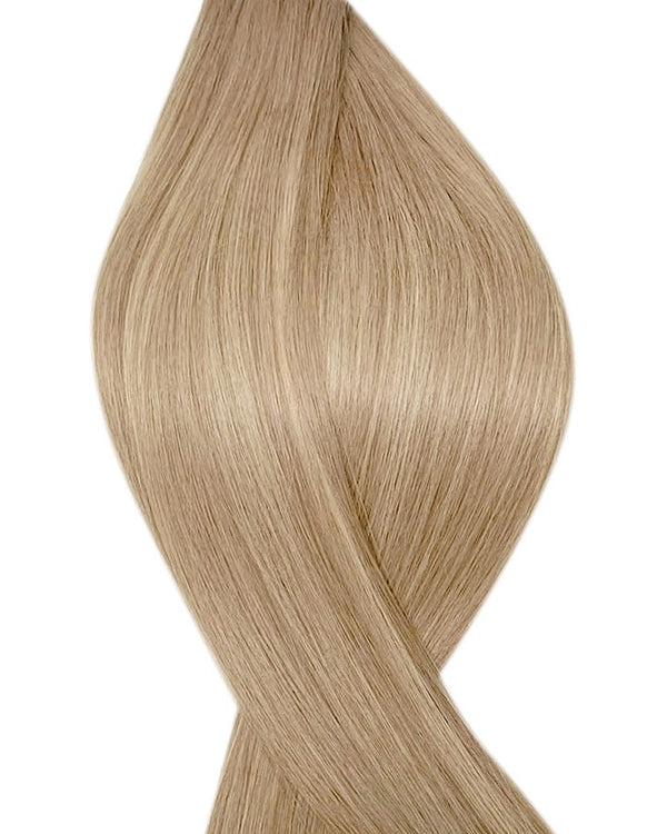 Naturalne włosy do przedłużania metodą na taśmie weft w kolorze ombre ciemny popielaty blond i balejaż ciemny popielaty i jasny popielaty blond.