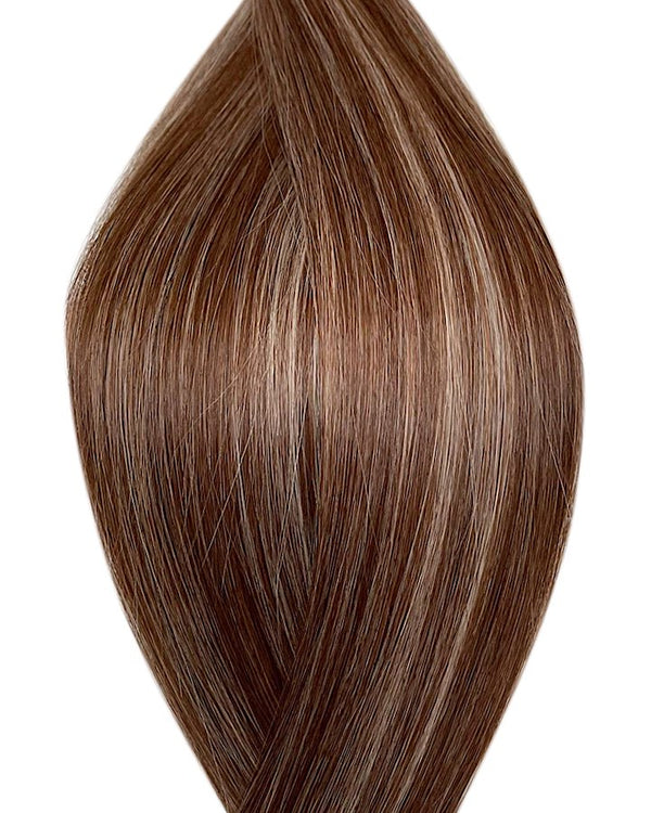 Naturalne włosy do przedłużania metoda seamless clip in w kolorze balejaż średni brąz i szary platynowy blond.