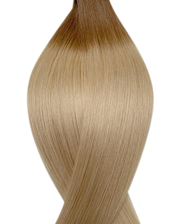 Naturalne włosy do przedłużania metoda tape on w kolorze ombre jasny brąz i średni popielaty blond.