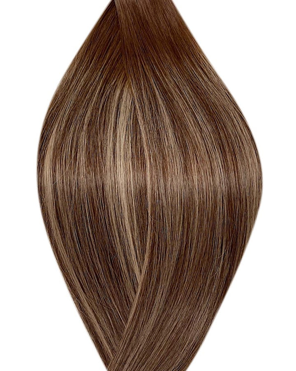 Naturalne włosy do przedłużania metoda tape on w kolorze ombre średni brąz i balejaż średni brąz i jasny popielaty blond.