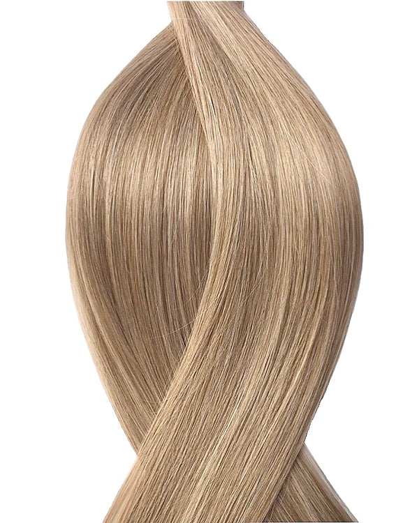 Naturalne włosy do przedłużania metoda secret tape on w kolorze balejaż jasny brąz i szary platynowy blond.
