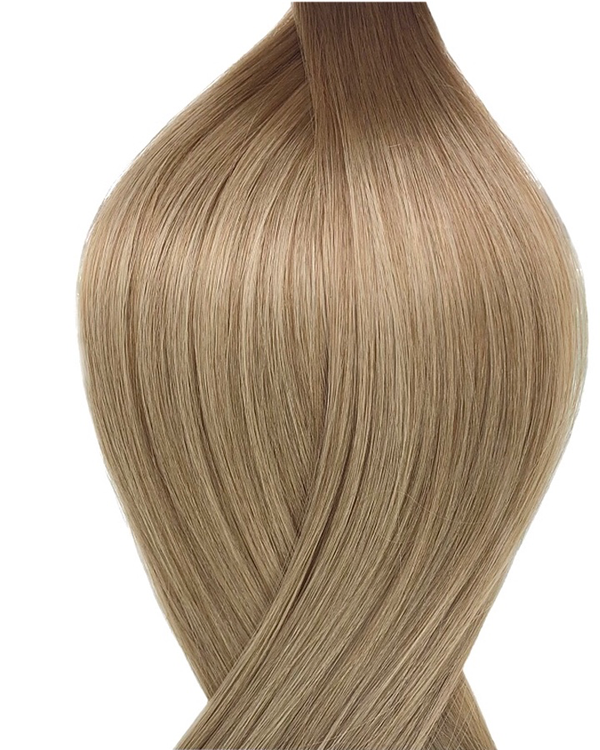 Naturalne włosy do przedłużania metoda secret tape on w kolorze ombre jasny brąz i balejaż popielaty blond