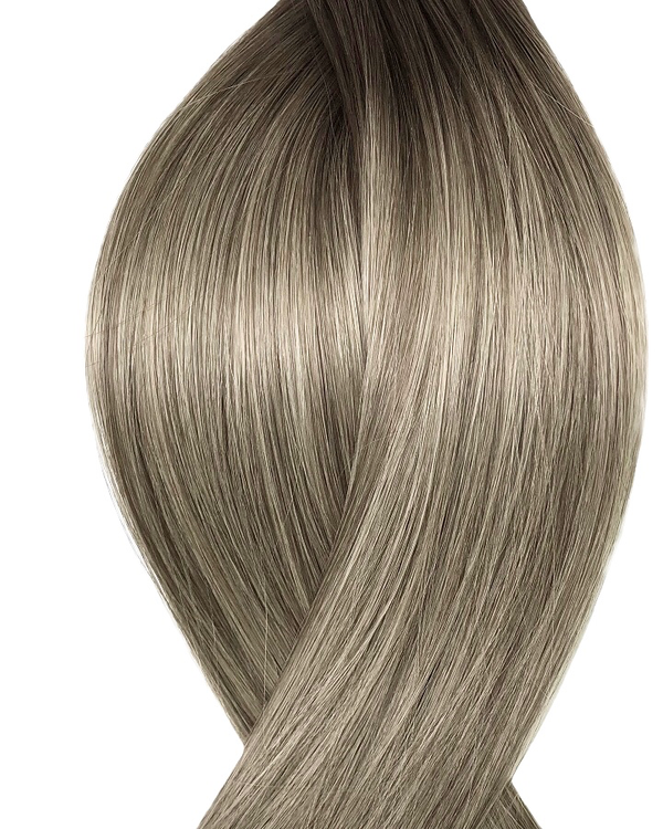 Naturalne włosy do przedłużania metoda secret tape on w kolorze ombre jasny popielaty brąz i balejaż jasny popielaty brąz i popielaty blond
