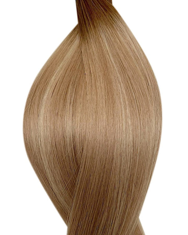Naturalne włosy do przedłużania metoda secret tape on w kolorze omre średni brąz i balejaż ciemny blond i jasny popielaty blond