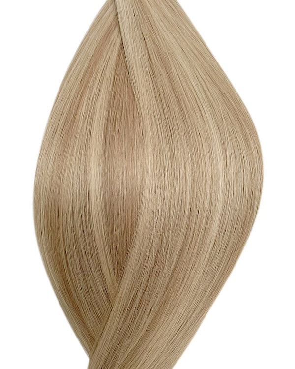 Naturalne włosy do przedłużania metoda secret tape on w kolorze balejaż ciemny popielaty i jasny popielaty blond.