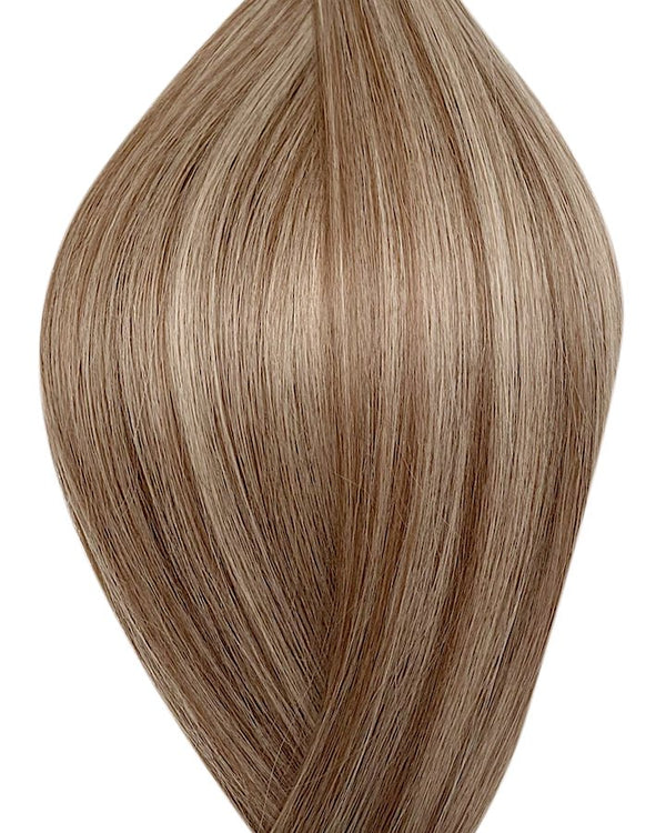 Naturalne włosy do przedłużania metoda secret tape on w kolorze balejaż jasny brąz i średni popielaty blond.
