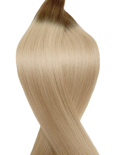 Naturalne włosy do przedłużania metoda tape on w kolorze ombre jasny popielaty brąz i szary platynowy blond.