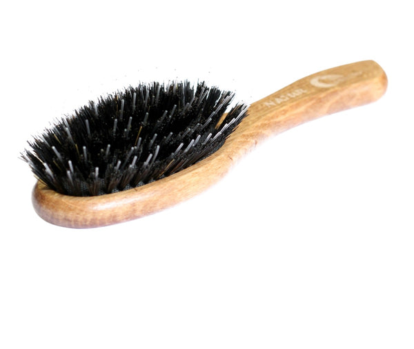 Drewniana szczotka do włosów z naturalnym włosiem z dzika.