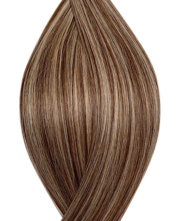 Naturalne włosy do przedłużania metoda na keratynę w kolorze balejaż średni brąz i jasny popielaty blond.