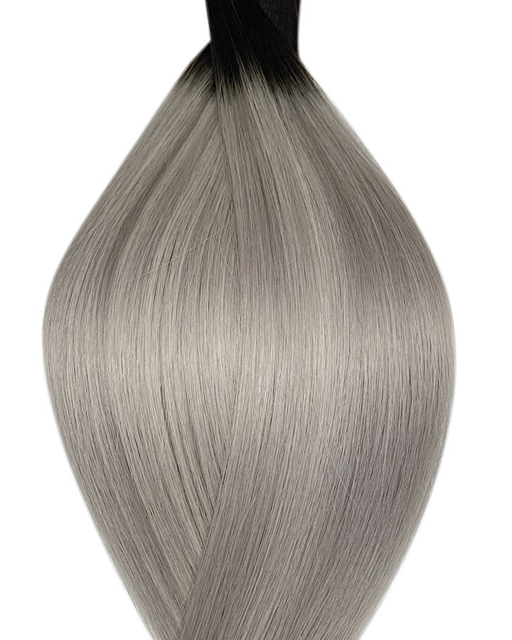 Naturalne włosy do przedłużania metoda na keratynę w kolorze ombre bardzo ciemny brąz i srebrny.