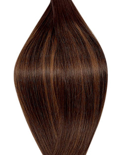 Naturalne włosy do przedłużania metoda na keratynę w kolorze ombre ciemny brąz i balejaż ciemny i jasny kasztanowy brąz.