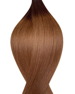 Naturalne włosy do przedłużania metoda na keratynę w kolorze ombre ciemny i jasny kasztanowy brąz.
