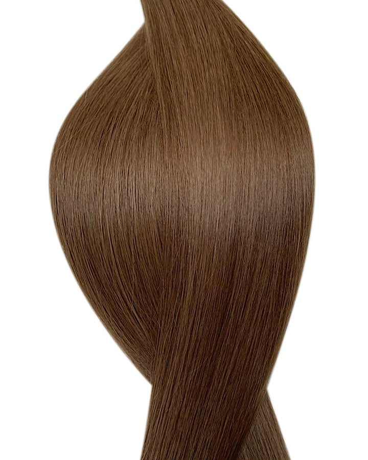 Naturalne włosy do przedłużania metoda na keratynę w kolorze złoty kasztan.