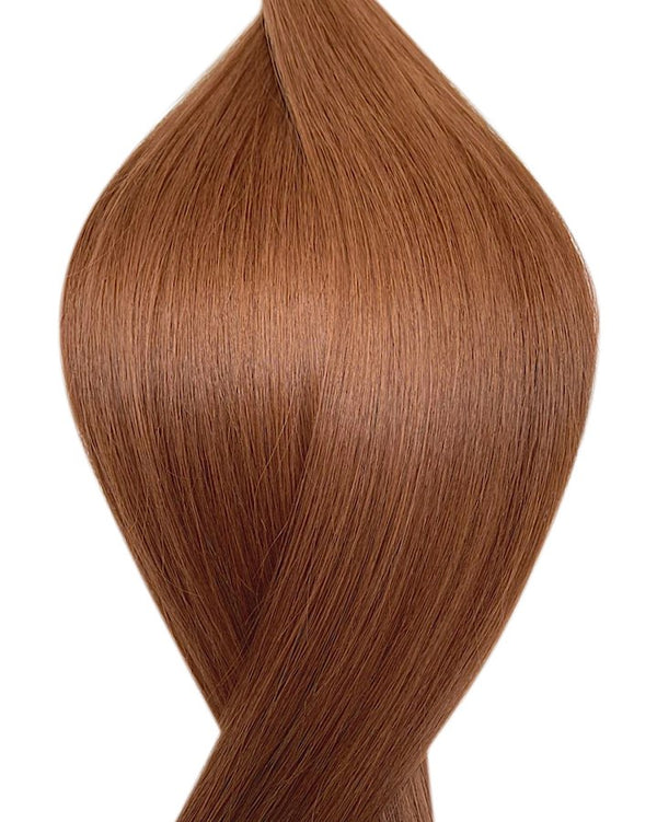 Naturalne włosy do przedłużania metoda na mikro ringi i tulejki w kolorze jasny kasztan.