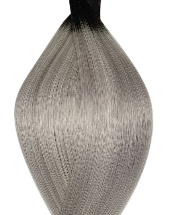 Naturalne włosy do przedłużania metoda na mikro ringi i tulejki w kolorze ombre bardzo ciemny brąz i srebrny.