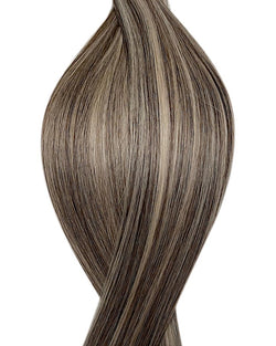 Naturalne włosy do przedłużania metoda na nano ringi w kolorze balejaż ciemny brąz i szary platynowy blond.