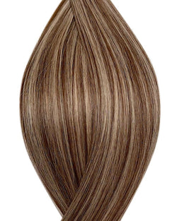 Naturalne włosy do przedłużania metoda na nano ringi w kolorze balejaż średni brąz i jasny popielaty blond.