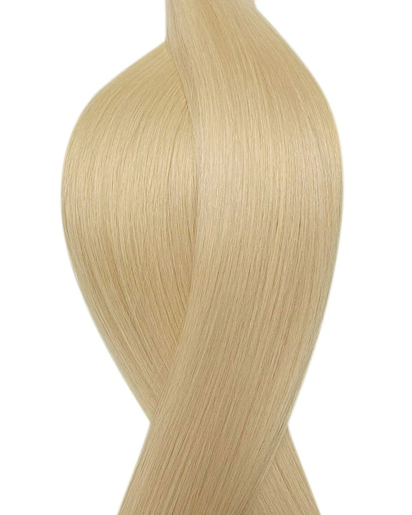 Naturalne włosy do przedłużania metoda na nano ringi w kolorze bardzo jasny blond.