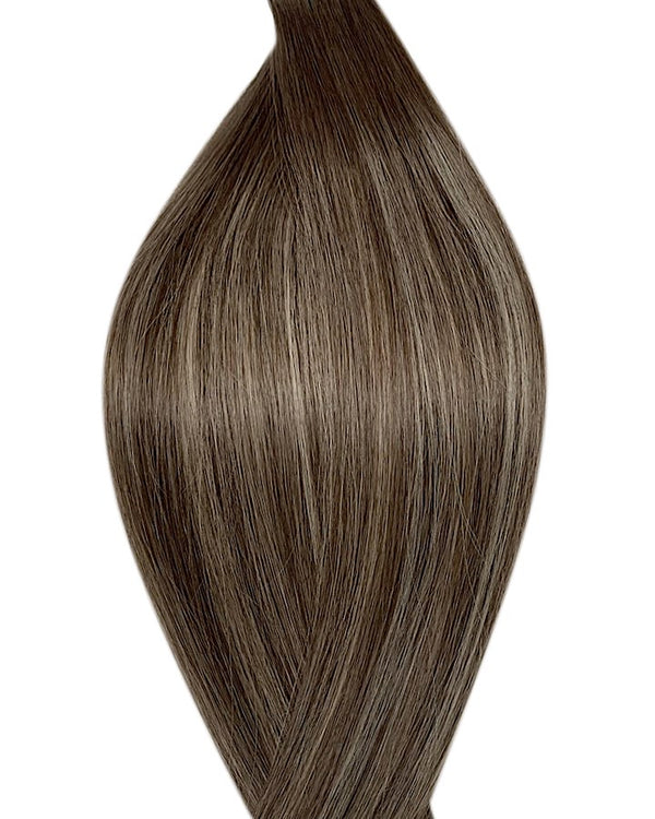 Naturalne włosy do przedłużania metoda na nano ringi w kolorze ombre jasny popielaty brąz i balejaż jasny popielaty brąz i średni popielaty blond.