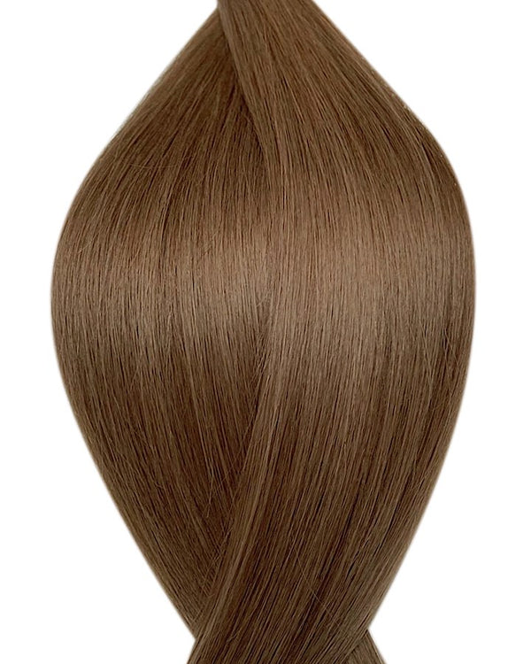 Naturalne włosy do przedłużania metodą na taśmie flat weft w kolorze jasny brąz.