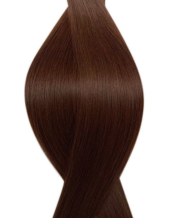 Naturalne włosy do przedłużania metoda na taśmie silikonowej w kolorze średni brąz.