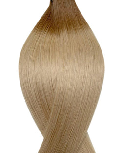 Naturalne włosy do przedłużania metodą na taśmie weft w kolorze ombre jasny brąz i średni popielaty blond.