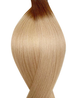 Naturalne włosy do przedłużania metodą na taśmie weft w kolorze ombre średni brąz i jasny popielaty blond.