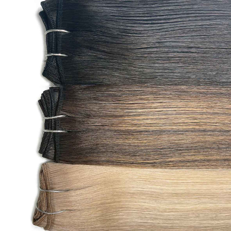 Naturalne włosy do przedłużania metodą na taśmie weft dostępne w długościach: 45cm, 50cm, 55cm i 60cm.