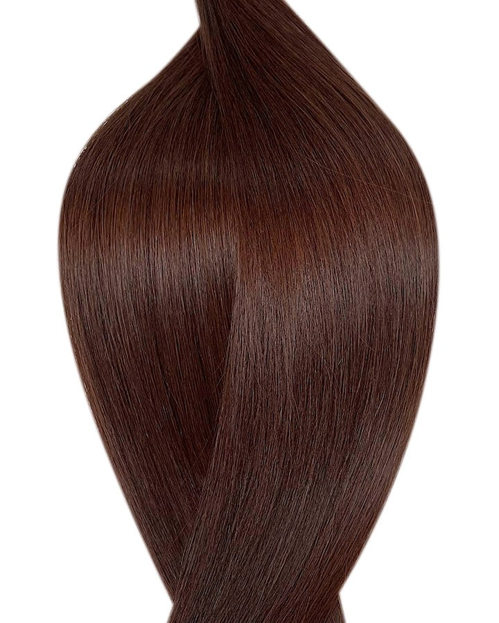 Naturalne włosy do przedłużania metoda seamless clip in w kolorze czekoladowy.