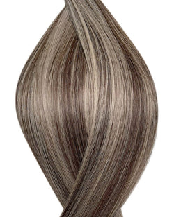Naturalne włosy do przedłużania metoda seamless clip in w kolorze balejaż jasny popielaty brąz i średni popielaty blond.