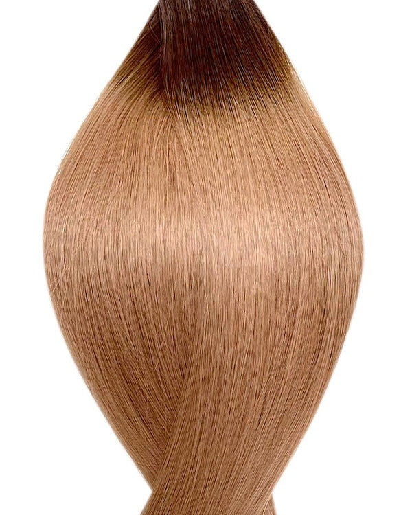 Naturalne włosy do przedłużania metoda tape on w kolorze ombre ciemny brąz i ciemny blond.