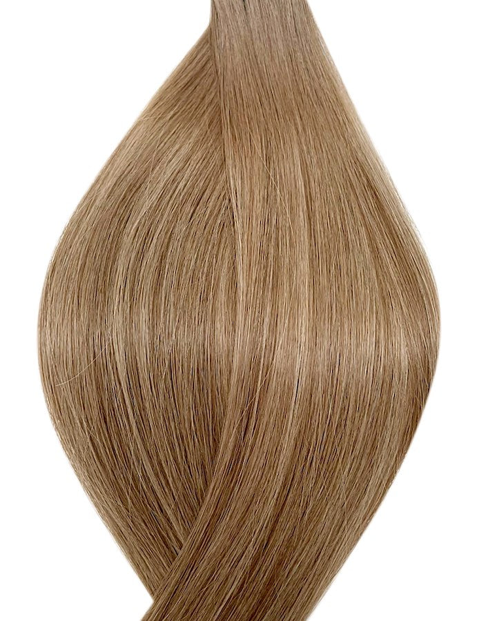 Naturalne włosy do przedłużania metoda tape on w kolorze ombre jasny brąz i balejaż jasny brąz i średni popielaty blond.