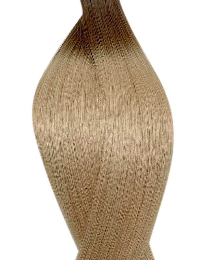 Naturalne włosy do przedłużania metoda tape on w kolorze ombre jasny popielaty brąz i średni popielaty blond.