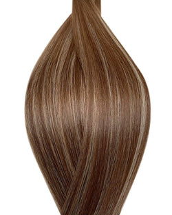 Naturalne włosy do przedłużania metoda tape on w kolorze ombre średni brąz i balejaż średni brąz i szary platynowy blond.
