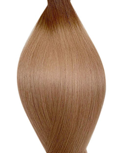 Naturalne włosy do przedłużania metoda tape on w kolorze ombre średni brąz i ciemny blond.
